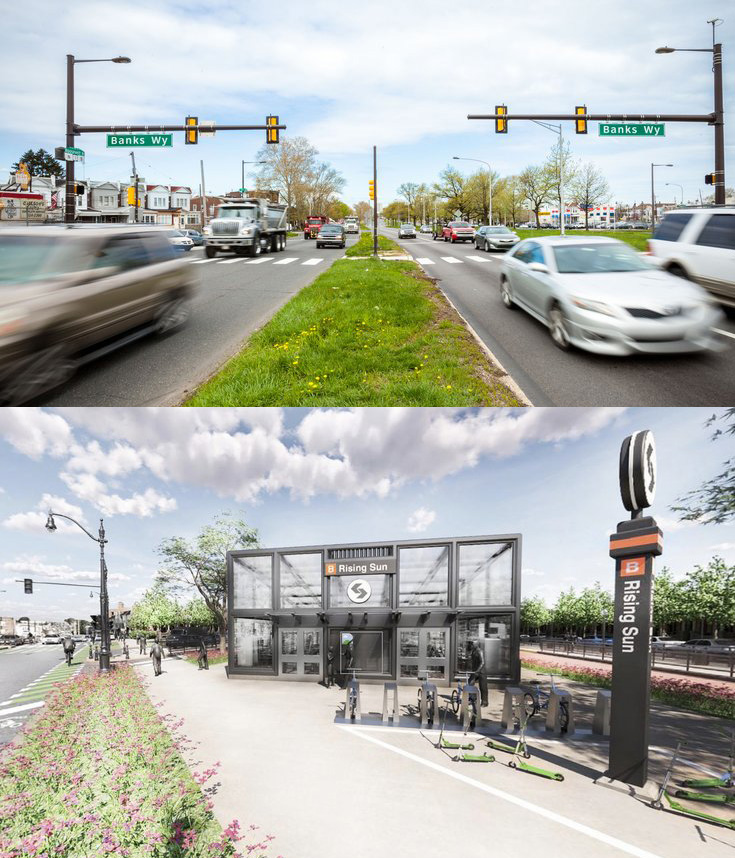 Top: traffic on Roosevelt Boulevard in Philadelphia; bottom: rendering of a subway station entrance. Credit Thom Carroll (top) and Jay Arzu (bottom)