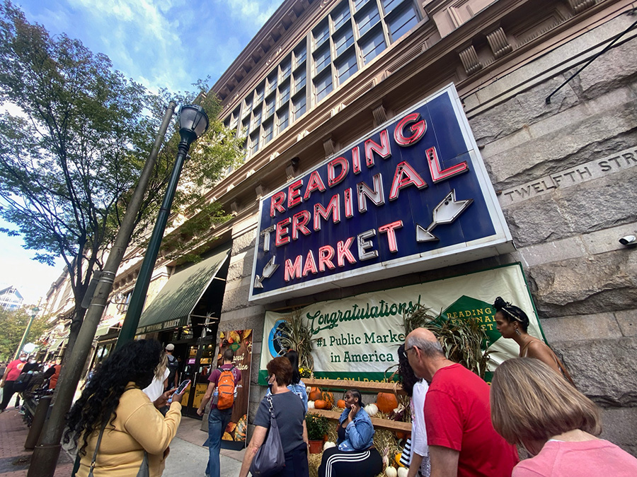 People in front of entrance to Reading Terminal Market in Philadelphia