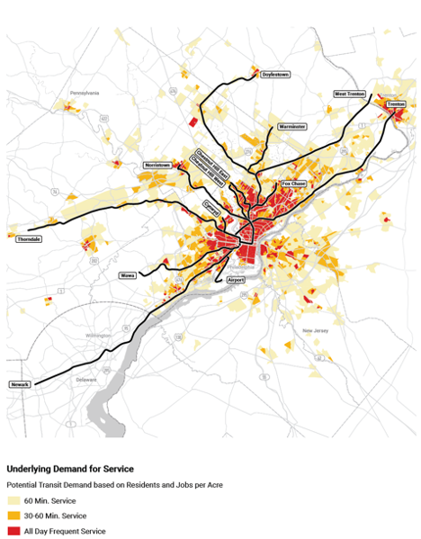 Map of the Philadelphia region showing underlying demand for regional rail. Credit SEPTA