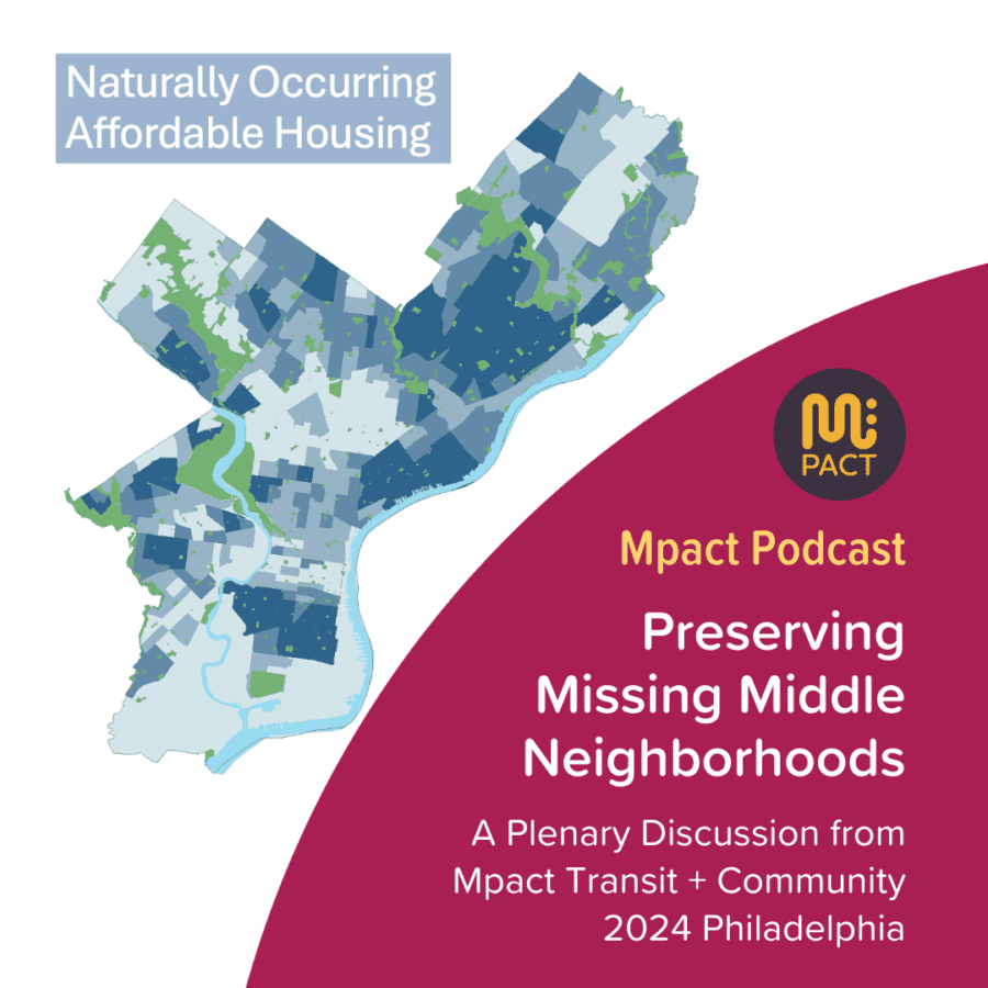 Graphic for Mpact Podcast Episode 86 shows a map of Naturally Occurring Affordable Housing in Philadlephia