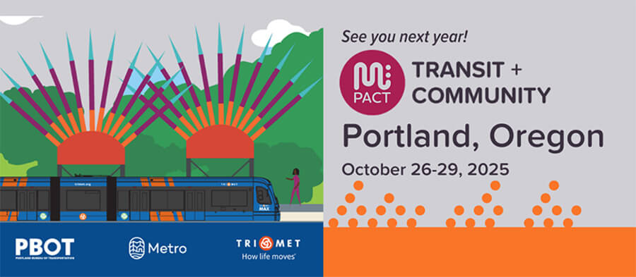 Colorful graphic for Mpact Transit + Community conference 2025 in Portland, Oregon