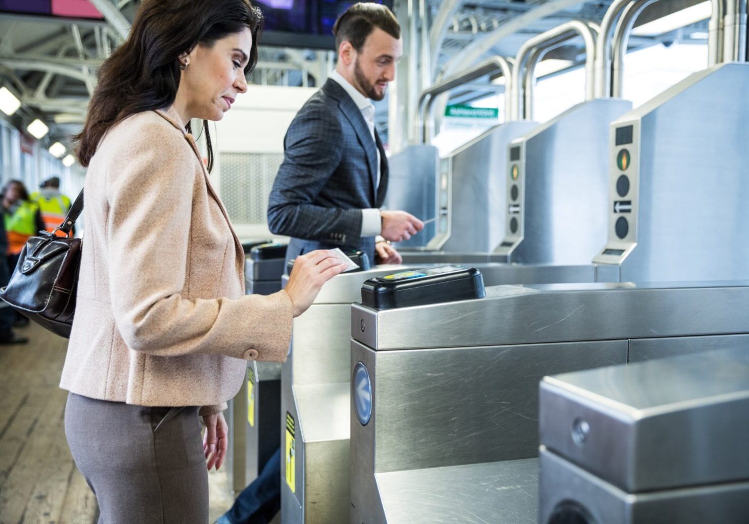 Office colleagues commuting to work by subway in Chicago